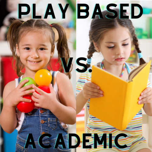 2 girls demonstrating play based learning vs. academics regarding use of preschool worksheets